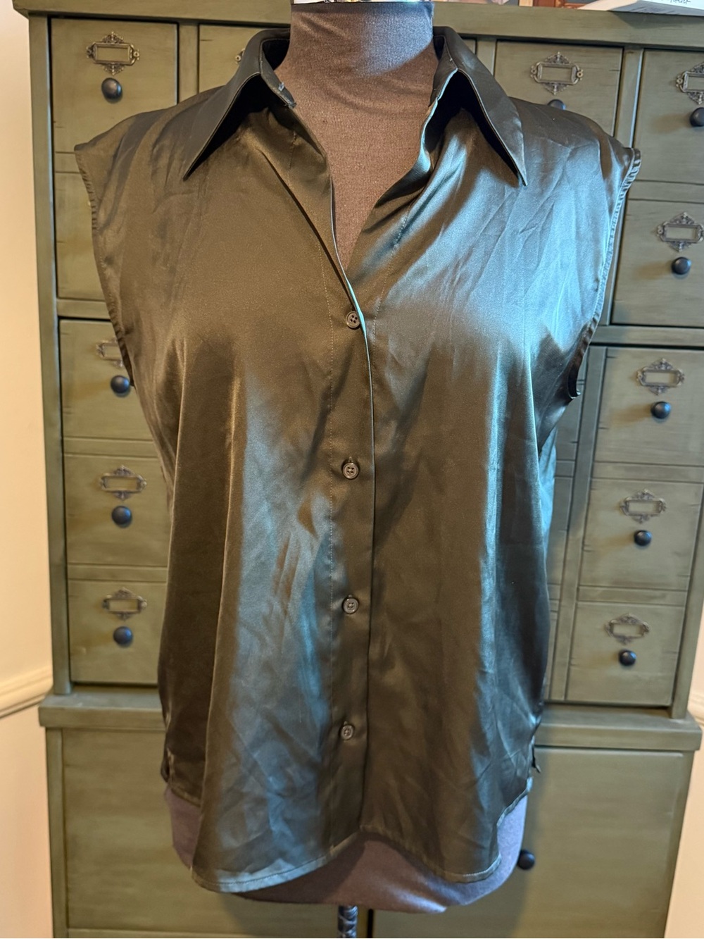 Banana Republic Olive Satin Sleeveless Button-Down Blouse